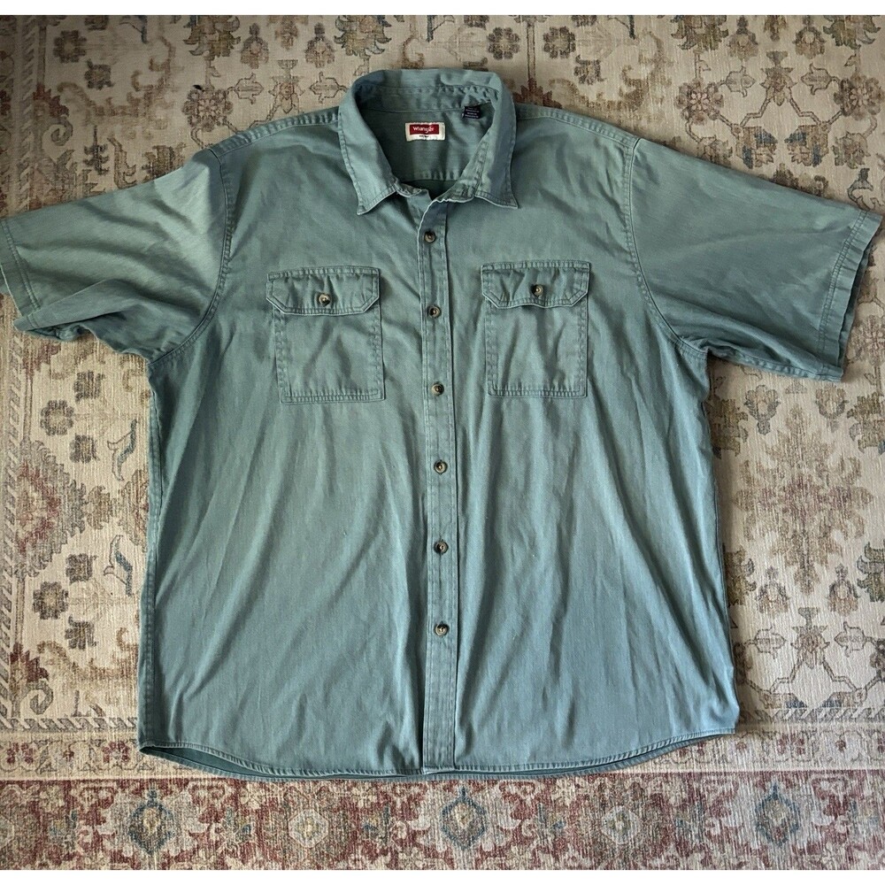 Wrangler Casual Button-Down Shirt Men’s Teal Green 2XL Cotton Blend Short Sleeve